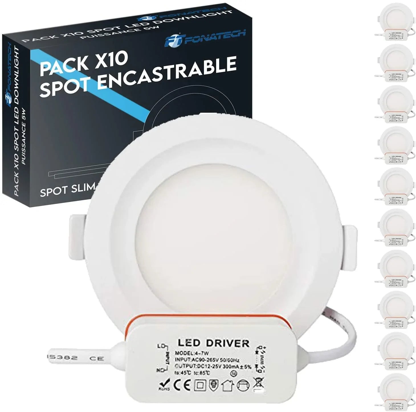 FonaTech - Spot Led Encastrable Dimmable lot x10 Extra Plat