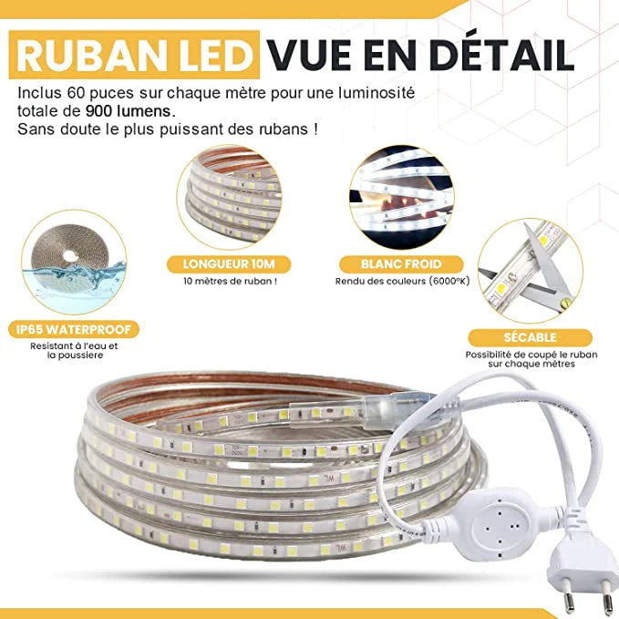 RUBAN LED CHANTIER IP67 230V 15W/M 50M Bandeau Leds sécable 2835 silicone  Étanche Blanc Froid 6000K - Digilamp